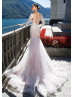 Long Sleeve Ivory Lace Tulle See Through Back Wedding Dress